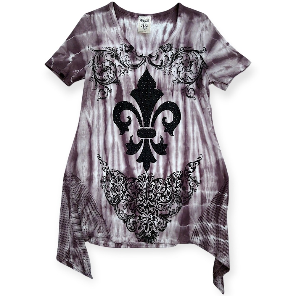Vocal USA Tunic Shirt Womens 1XL Gothic Rhinestone Fleur-de-Lis Cross Grunge Y2K